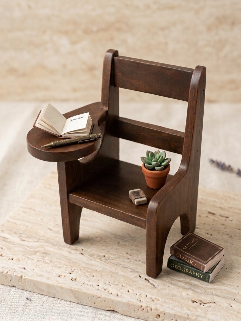 Miniature Dark Brown Wooden School Desk Chair 10” Vintage Dollhouse furniture